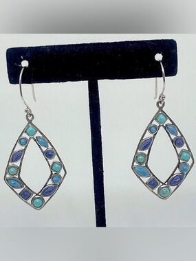 Vtg 925 Sterling Silver & Multi Colour Blue Turqouise Dangle Earrings | 2.2”